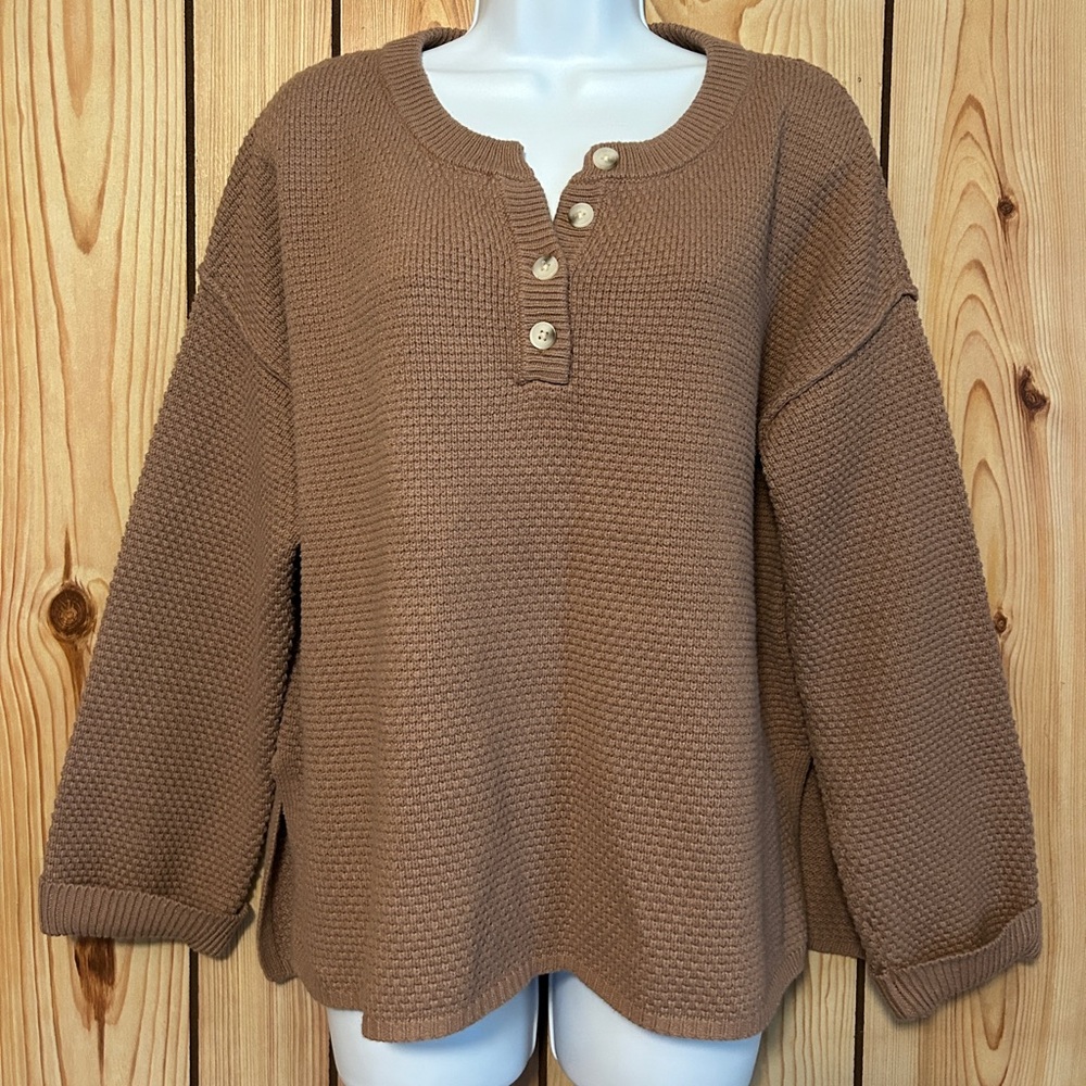 Sincerely Jules Women’s Sweater Brown Knit Crew neck Pullover size M Half Button